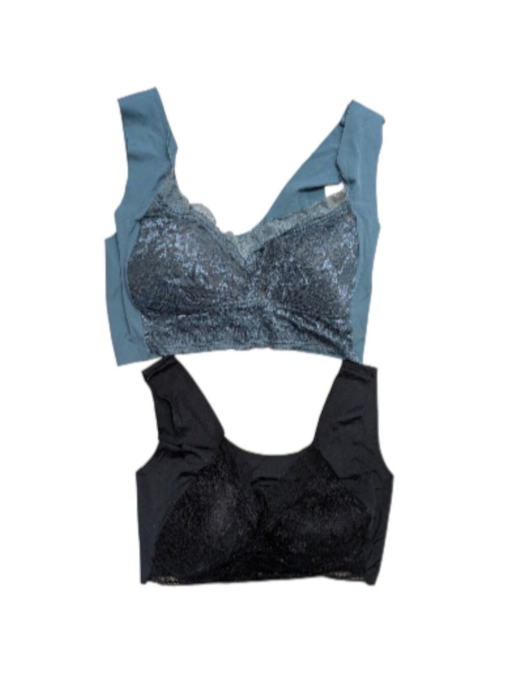 Womens Blue/Black Lace Sheer Panel Seamless Stretch Bralette Crop Top Size Large